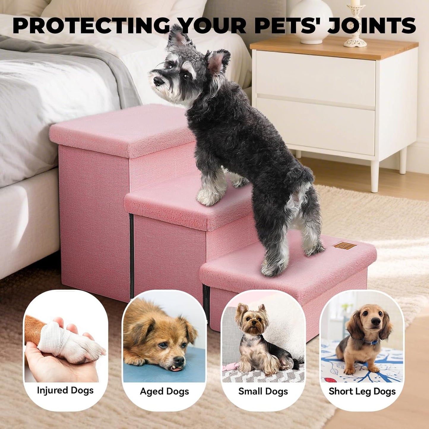 Dog Stairs with Furry Lids 18" H, 3-Step Wider Dog Steps with Storage for Small/Medium/Large Dogs Cats, Folding Sturdy Pet Stairs Climbing Bed or Sofa, Ramp for Car Hold Up to 200 lbs, Pink - Pet Explorer
