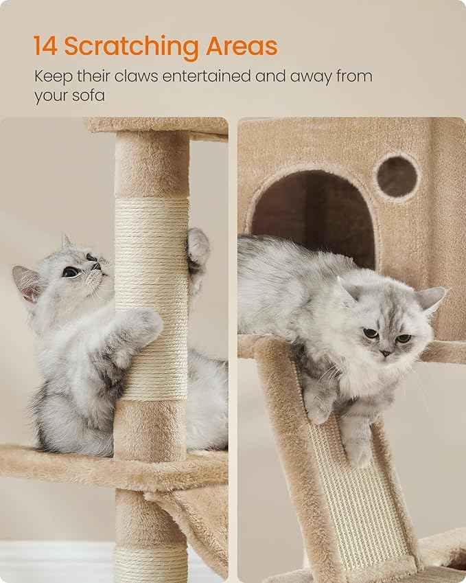 Feandrea Cat Tree, 81.1-Inch Large Cat Tower, Multi-Level Plush Condo with 13 Scratching Posts, 2 Perches, 2 Caves, Basket, Hammock, Pompoms, Camel Brown UPCT190K01