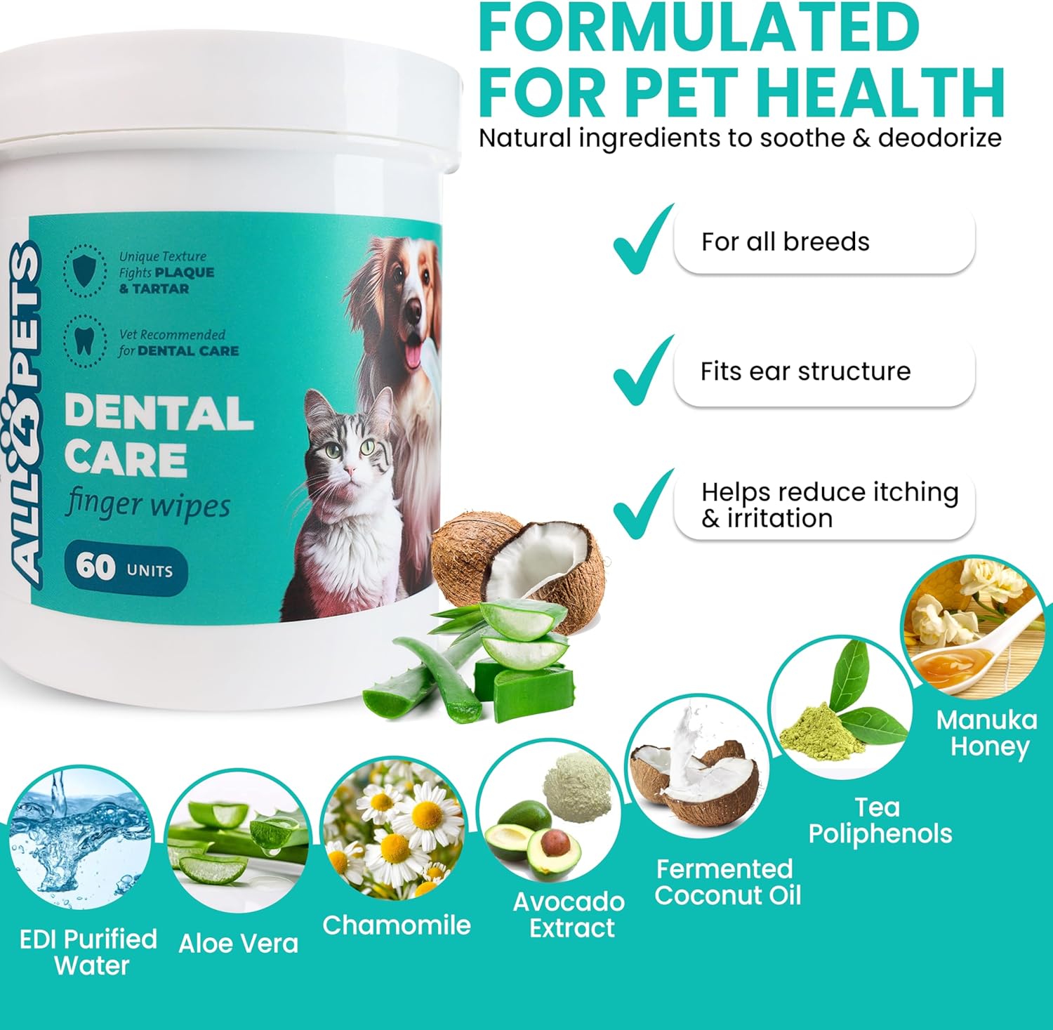 Dog Dental Wipes – 60 Count Natural Pet Dental Finger Wipes for Dogs, Cats – Odorless and Safe Dog and Cat Teeth Cleaning Wipes – Dental Wipes for Dogs Teeth Supports Dental Care, Gum Care - Pet Explorer