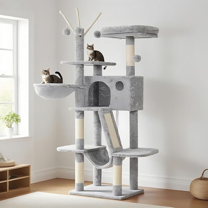 Hey-brother Cat Tree, 53 inch Cat Tower for Indoor Cats, Cat House with Padded Platform Bed, Toy Balls, Large Cozy Condo, Hammocks and Sisal Scratching Posts, Light Gray MPJ019-SW
