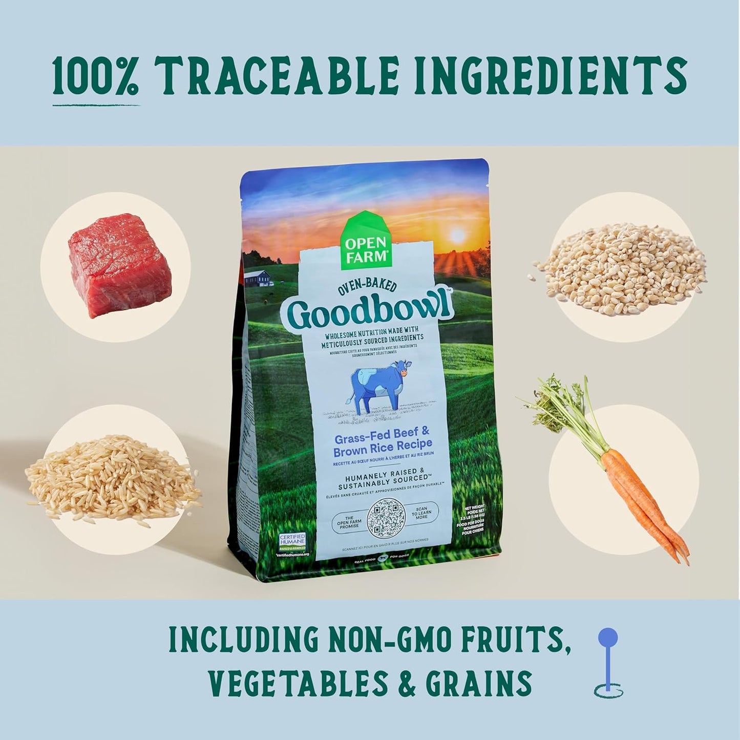 Open Farm Goodbowl, Oven-Baked Small Batch Dry Dog Food - Grass-Fed Beef & Brown Rice Recipe, Includes Non-GMO Produce & Grains, 22lb Bag (352oz Bag) - Pet Explorer