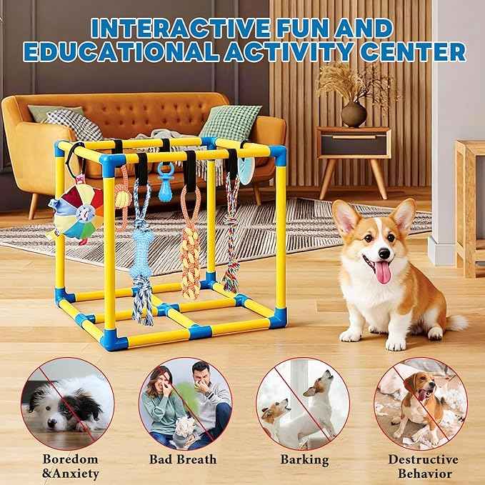 Puppy Play Gym for Small Dogs with 10 Hanging Toys, Removable Indoor Jungle Gym, PVC Frame with Adjustable Bungee Straps, Interactive Dog Toys Tug Toys for Dogs Rope Toy to Keep Them Busy