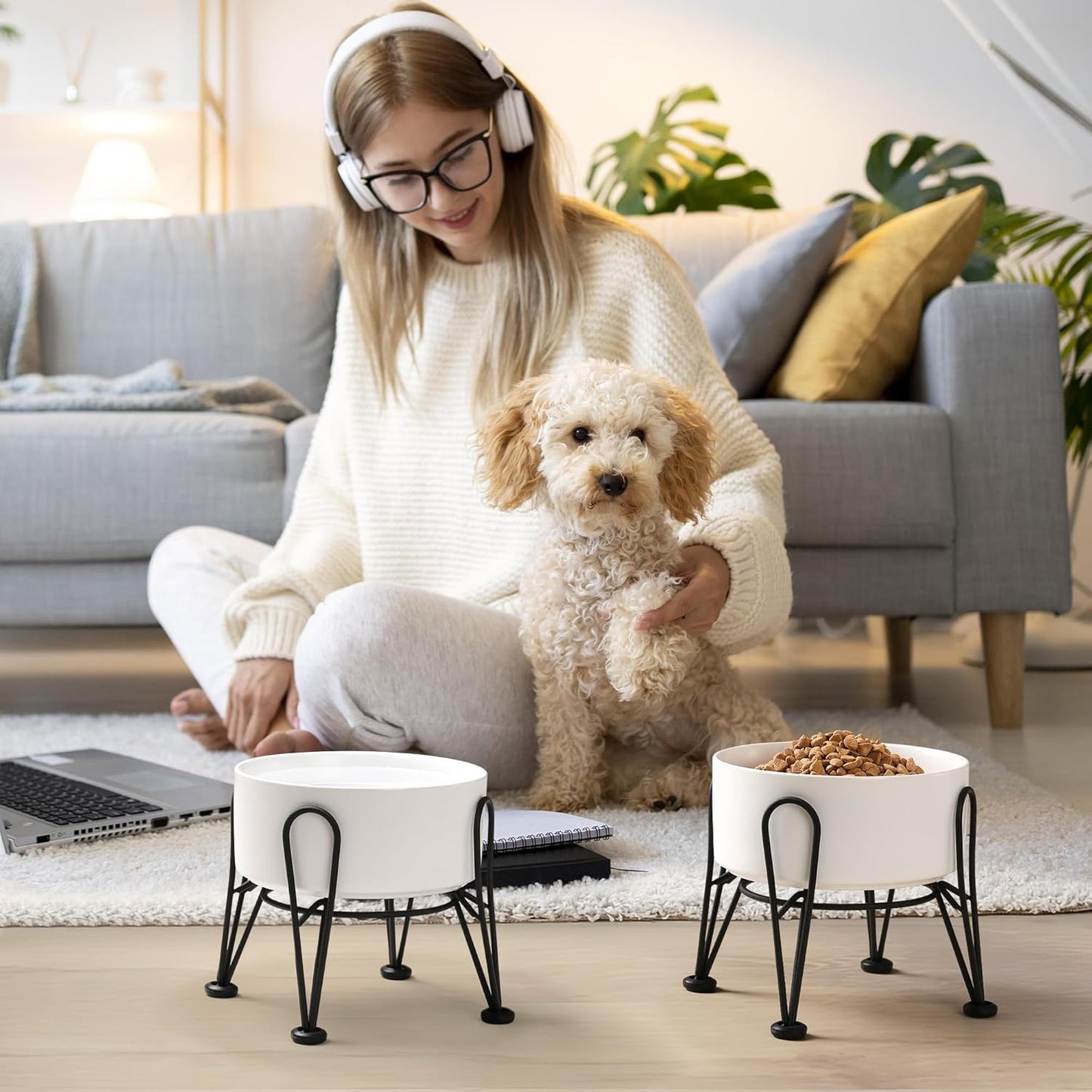 Elevated Dog Bowls, Ceramic Raised Dog Bowl Set with Anti-Slip and Non-Tip Metal Stand, 2 Pack Pet Food and Water Feeding Bowls for Small and Medium Dogs (White,3.6 Cups) - Pet Explorer