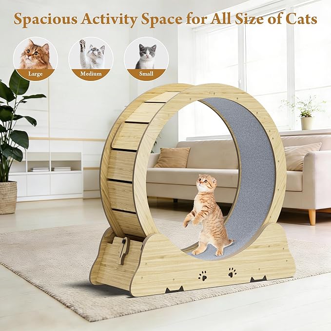 Cat Exercise Wheel, Quiet 34" Cat Treadmill for Indoor Cats, Running Wheel with Carpeted Runway & Safety Lock, Compact Design for Small & Adult Cats Weight Loss & Daily Exercise