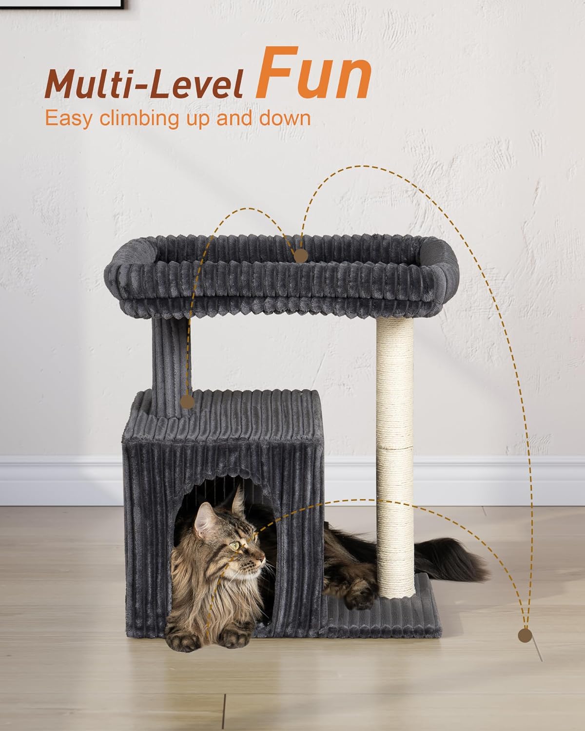 Cat Tree for Large Cat, 22.8” Cat Tower with Scratching Post, 20.9 * 15.7in Perch Bed for Adult Cats, Cat Condo with 2 Caves for Indoor Cats, Dark Gray - Pet Explorer