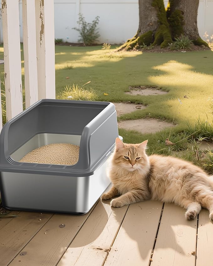 Stainless Steel Cat Litter Box, Metal Litter Box with Scoop, High- Sided, Anti-Leakage Top Entry, Non-Sticky, Easy to Clean, Grey, XL (1 Pack)