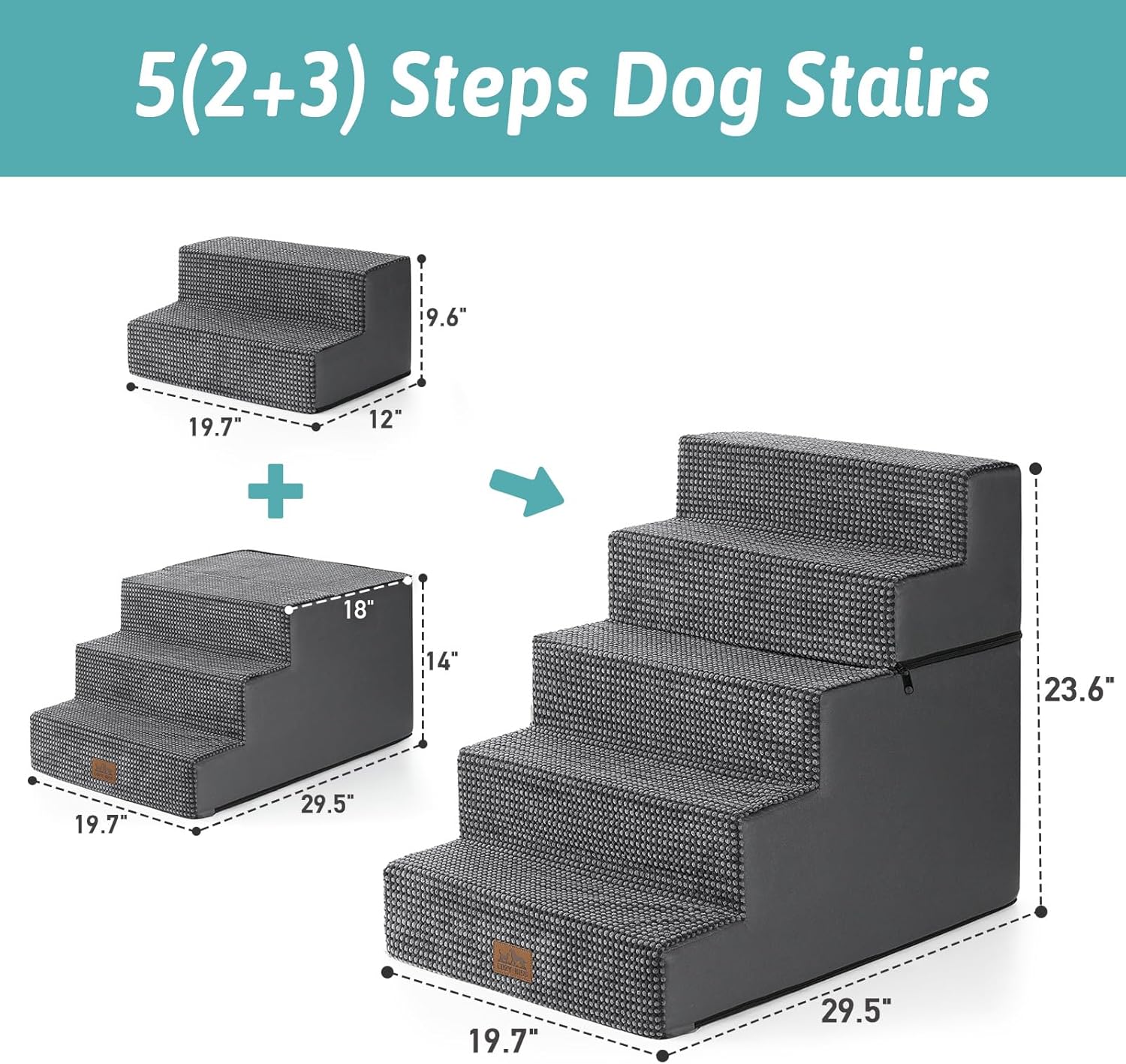 Dog Stairs for Small Dogs, 5 Tier Removable Wider Pet Stairs for Couch and Bed, 23.6" H Non-Slip Dog Steps for Puppies and Old Cats with Support Board, 29.5x19.7x23.6 inch, Dark Grey - Pet Explorer