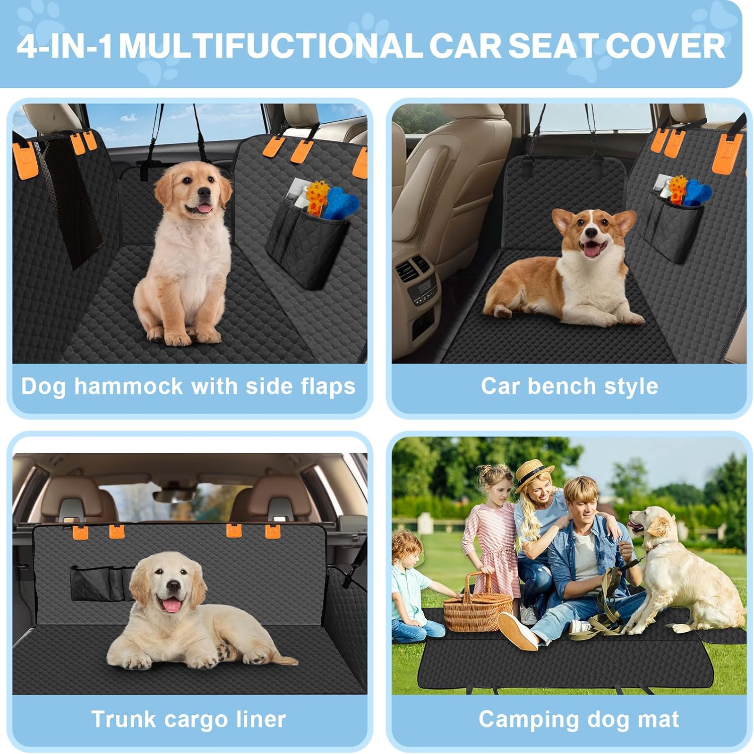 Dog Car Seat Cover for Back Seat, Waterproof Protector with Side Flaps, Scratchproof Hammock, Non-Slip Bottom for Cars/Trucks/SUVs (Black02) - Pet Explorer