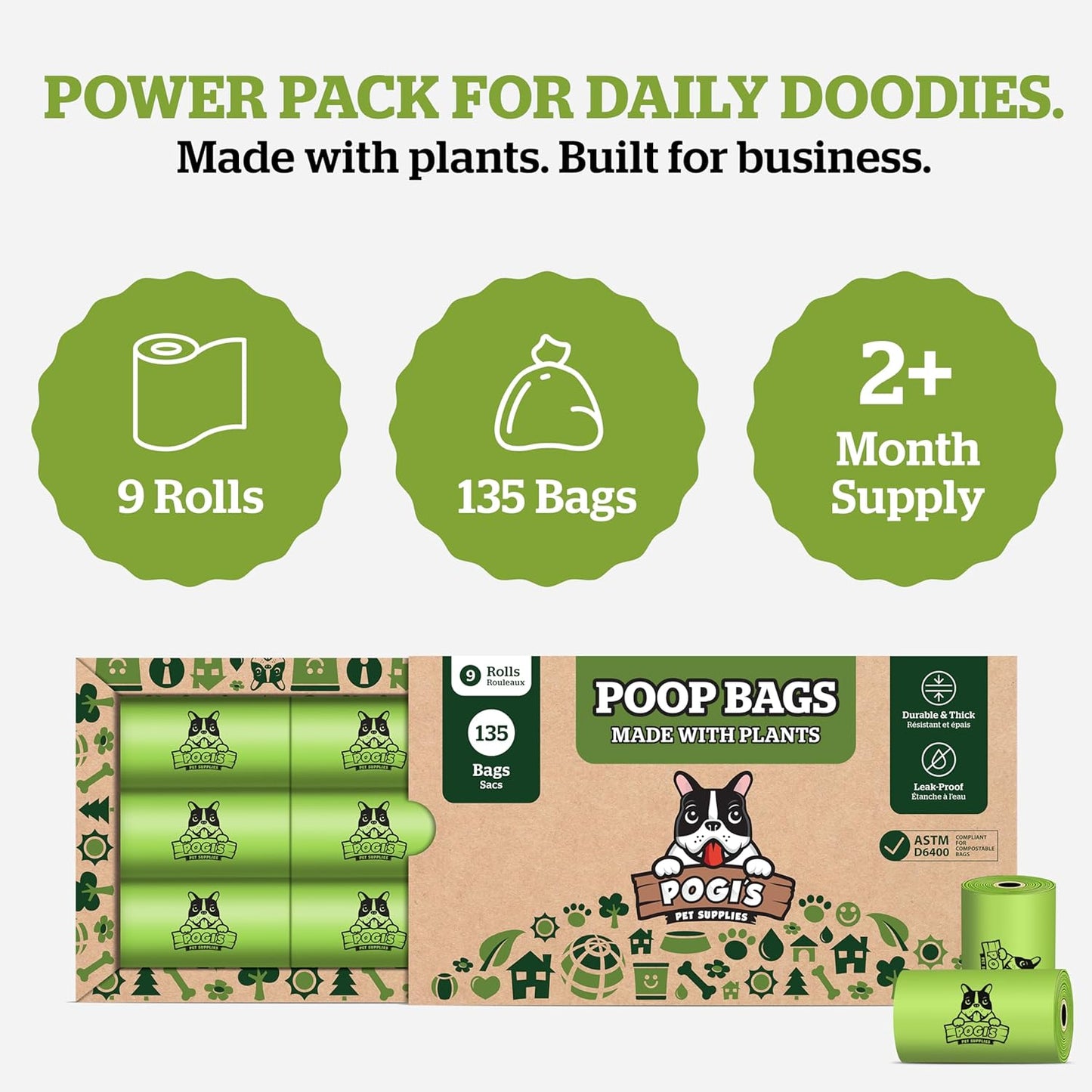 Pogi's Compostable Poop Bags – Leak-Proof, Extra-Large, Made with Plants – 9 Rolls (135 Bags) - Pet Explorer