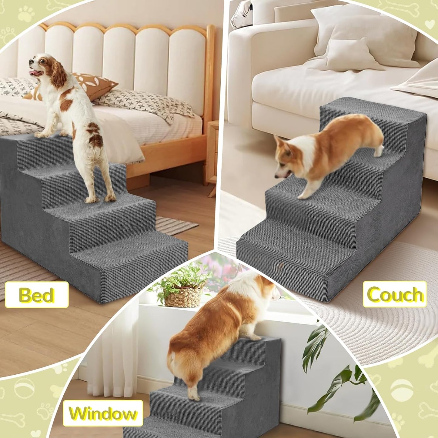 Niubya Dog Stairs for Small Dogs and Cats,18'H Non-Slip Bottom Pet Steps for High Beds and Couch,High-Density Foam Pet Stairs Grey,4 Steps - Pet Explorer