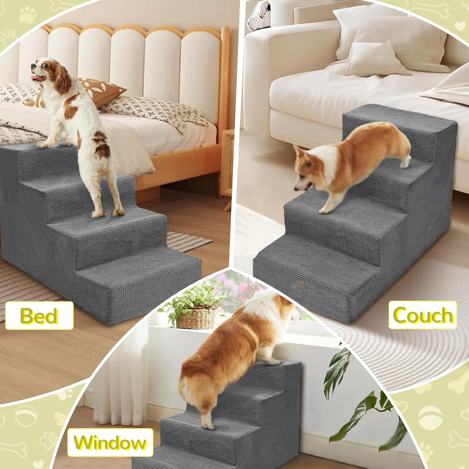 Niubya Dog Stairs for Small Dogs and Cats,18'H Non-Slip Bottom Pet Steps for High Beds and Couch,High-Density Foam Pet Stairs Grey,4 Steps - Pet Explorer