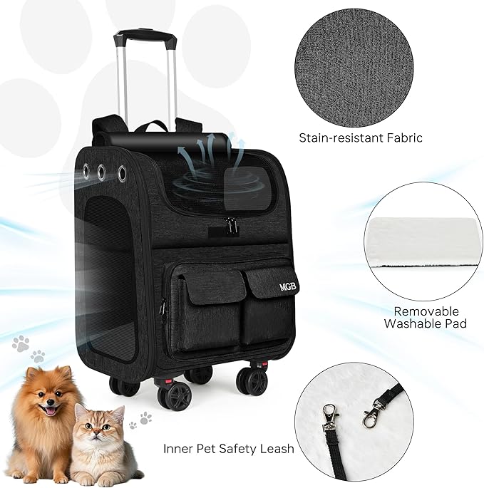 MGB Rolling Cat Carrier with Wheels: Dog Carrier for Small Dogs & Large Cats, Large Cat Carrier with YKK Zipper, Large Capacity, Breathable Mesh, Side Pocket, Black (Not for Airline)
