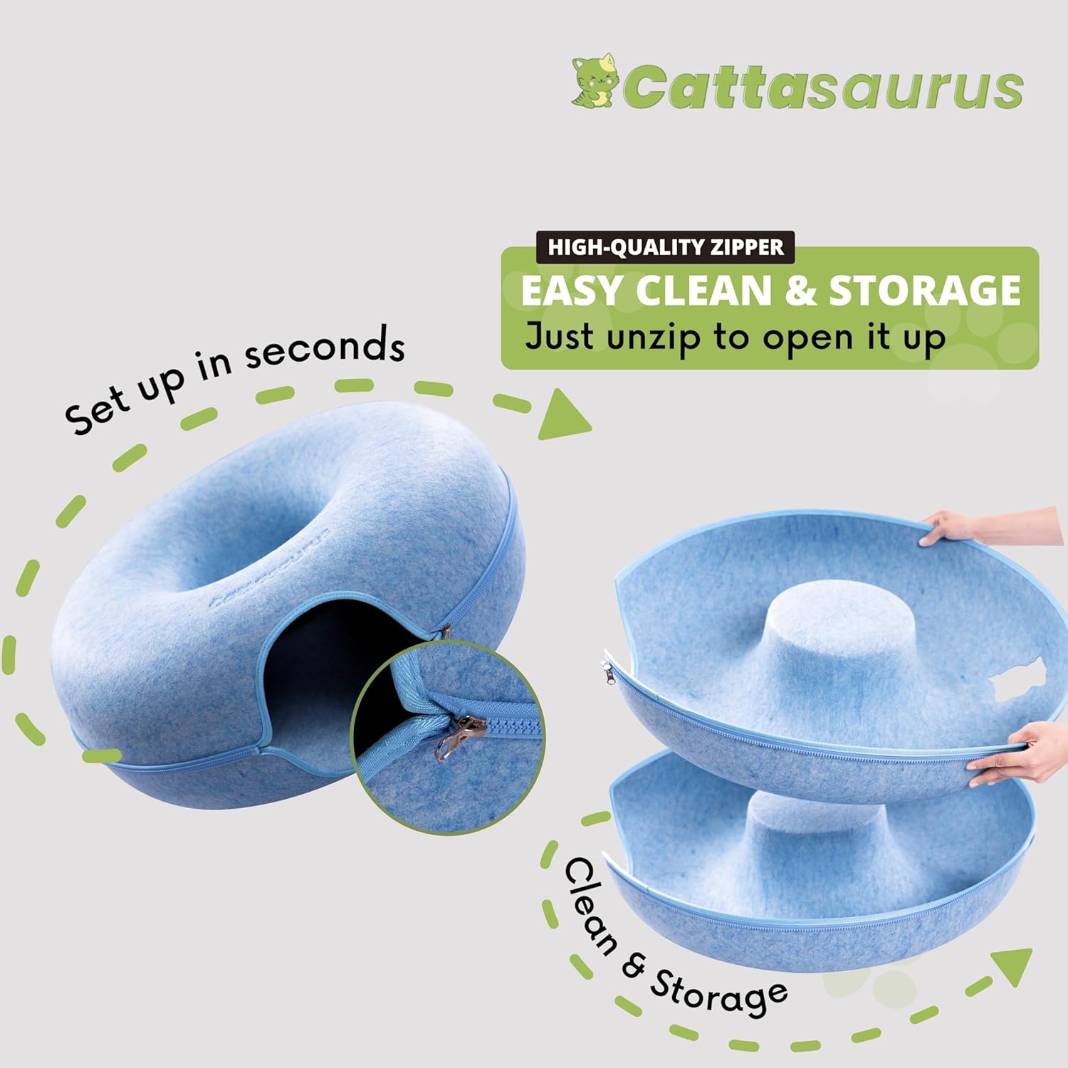 Cattasaurus Peekaboo Cat Cave for Multiple & Large Cats Up to 30-45 Lbs, Scratch Detachable & Washable Tunnel Bed, Comfy Donut Cat Cave (Blue, Jumbo) - Pet Explorer