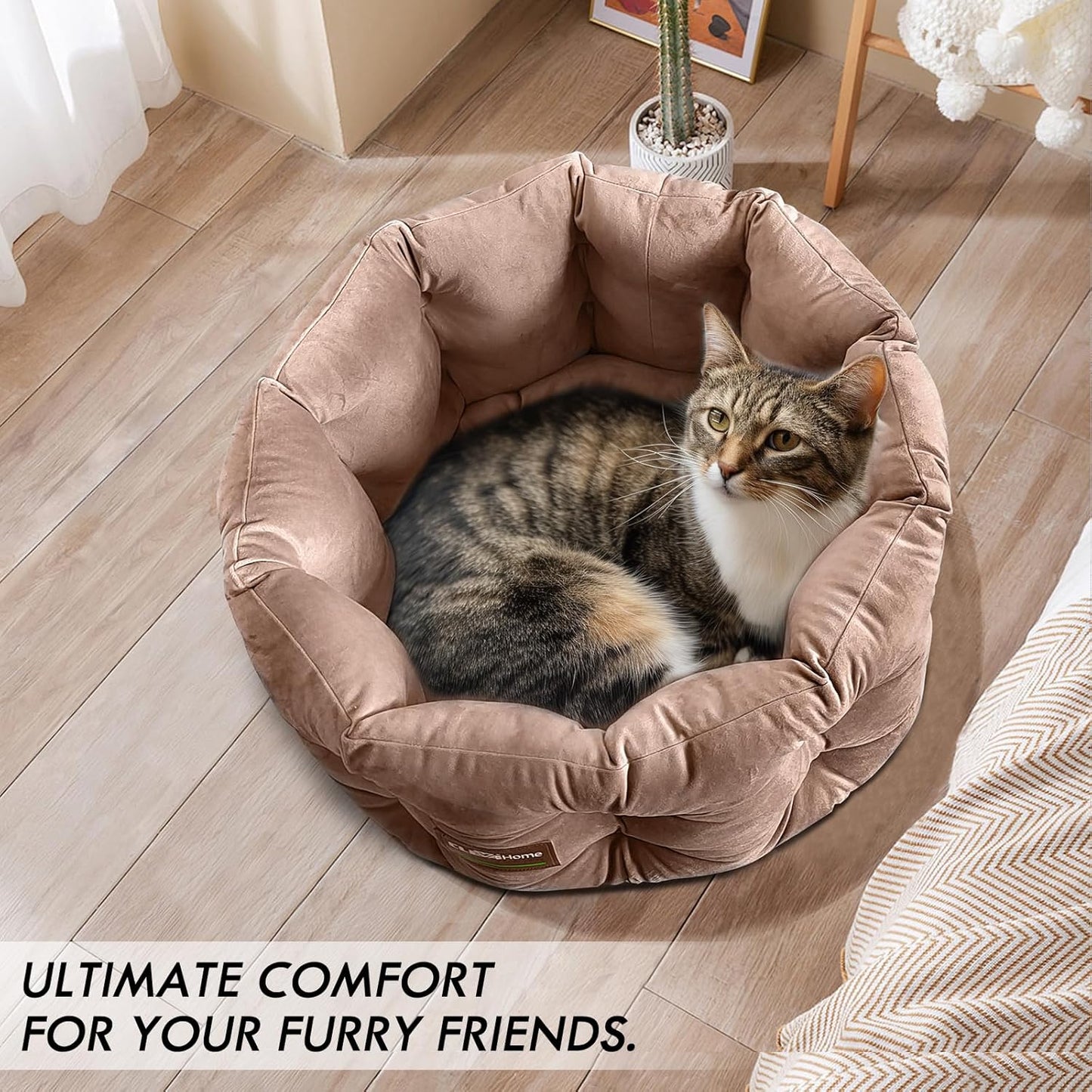 ClevaHome Deep Nest Cat Bed for Small Pets up to 15lbs - Round Cat Beds for Indoor Cats, Luxurious Velvet Feel, Extra High Sides, Machine Washable Comfort Pet Bed with Non-Slip Bottom (Warm Beige) - Pet Explorer