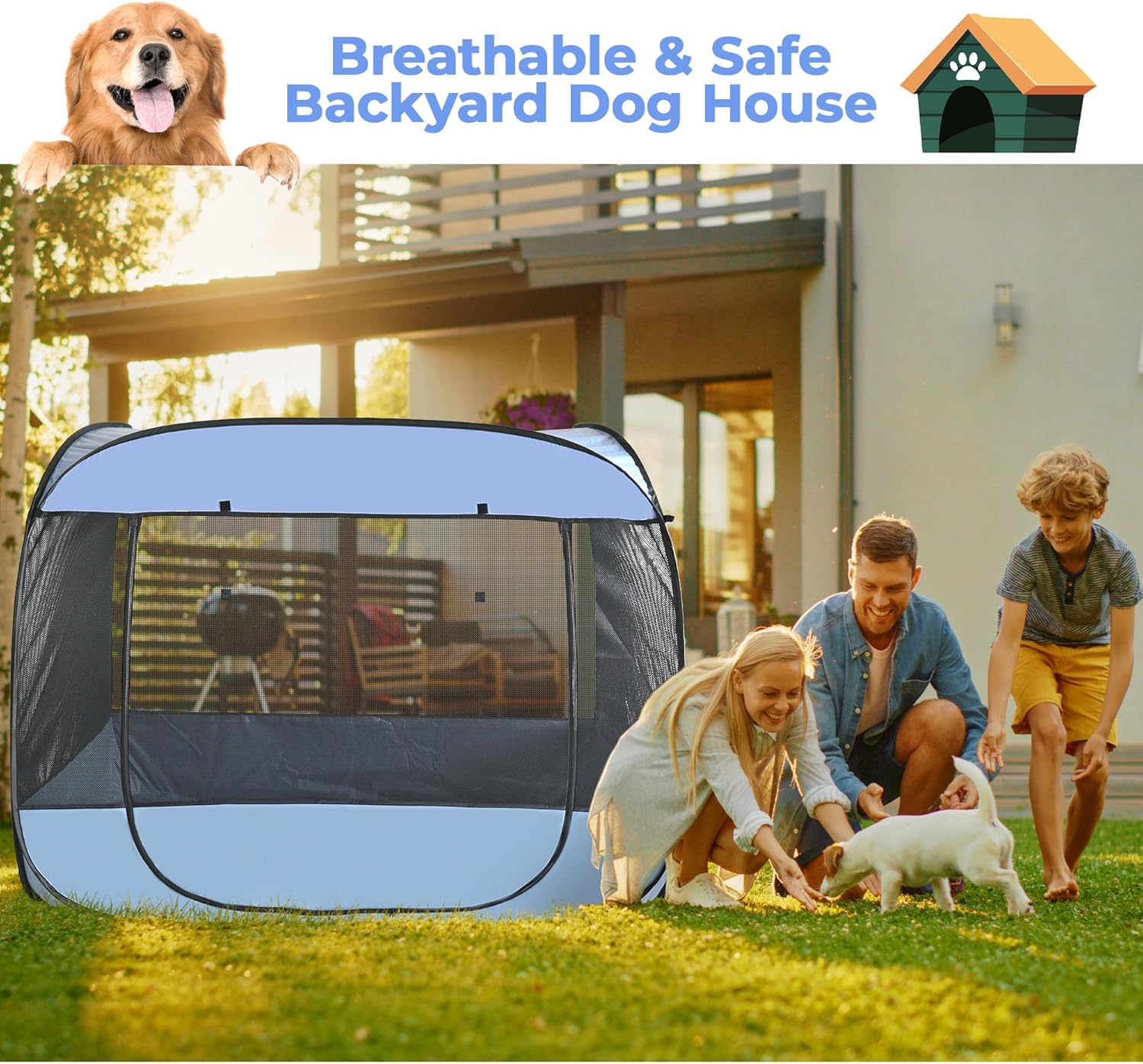 EighteenTek XLarge Popup Portable Dog Houses, 5.3'x4'H Assembly-Free Gazebo-Style Dog Cot Cat Playpen Screen Pet Tent Sun Shade Shelter Dog Bed with Canopy for Outdoor, Anti-Bugs with Leakproof Bottom - Pet Explorer