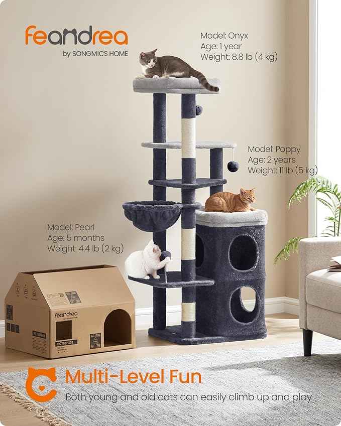 Feandrea Cat Tree, 60-Inch Cat Tower, Multiple-Level Plush Condo with 2 Caves, 3 Scratching Posts, 3 Perches, Dark Gray UPCT007G02