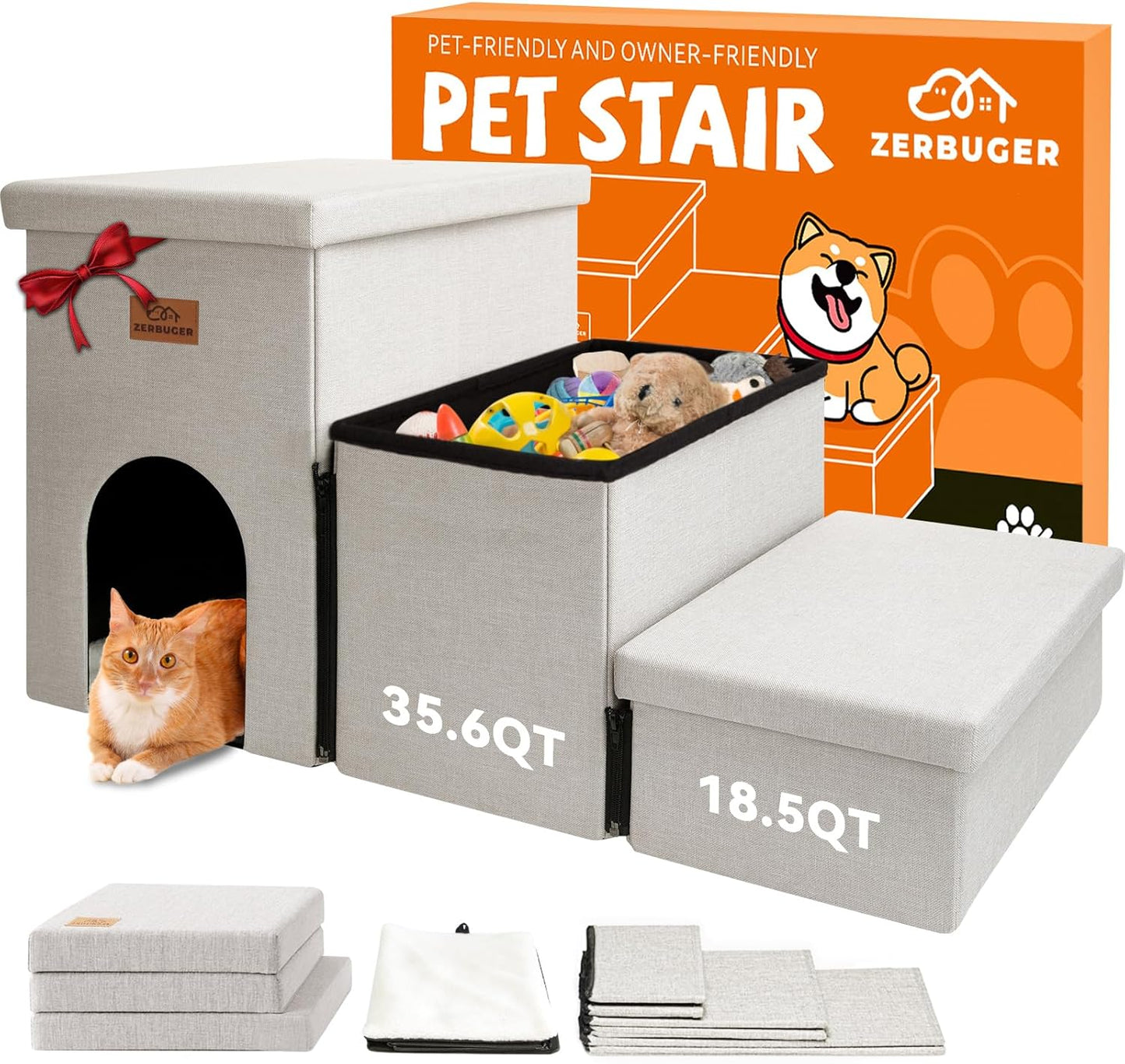 Dog Stairs with Condo 18" H, 3-Step Wider Dog Steps for High Beds Couch, Folding Storage Pet Stairs Gift for Small/Medium/Large Old Dogs Cats, Ramp for Climbing Car Up to 200 lbs, Beige - Pet Explorer