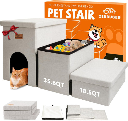 Dog Stairs with Condo 18" H, 3-Step Wider Dog Steps for High Beds Couch, Folding Storage Pet Stairs Gift for Small/Medium/Large Old Dogs Cats, Ramp for Climbing Car Up to 200 lbs, Beige - Pet Explorer