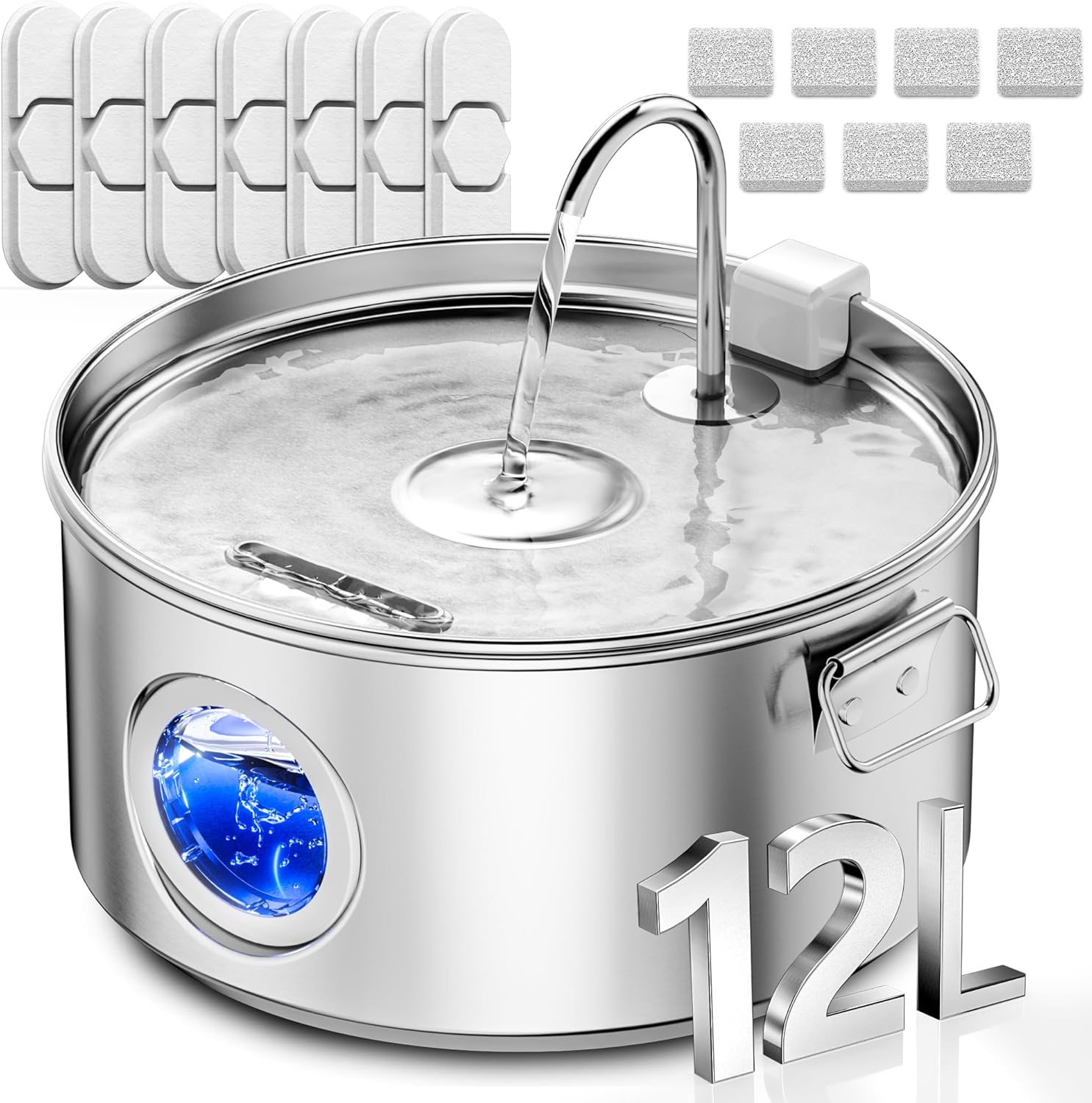 Dog Water Fountain for Large Dogs, 3.2Gal/406oz/12L Stainless Steel Dog Water Fountain, Quiet Dog Water Bowl Dispenser with Visible Window for Multi-pet Home, Includes 7 Filters Set - Pet Explorer