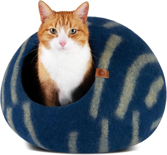 MEOWFIA Cat Cave – Premium Felt Cat Bed for Indoor Cats, Handmade 100% Merino Wool (Large, Deep Azure) - Pet Explorer