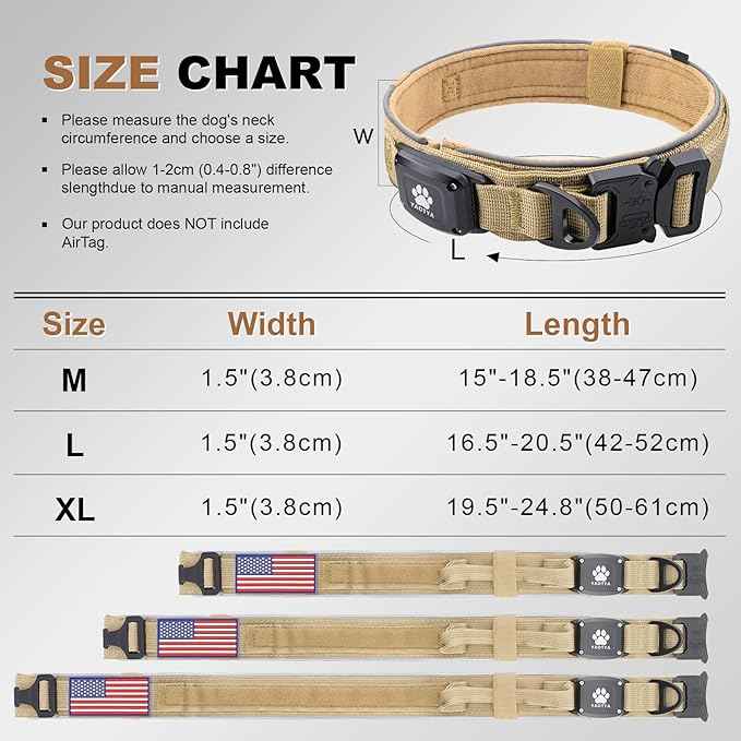 2026 Upgrade Dog Collar with IPX8 Waterproof AirTag Holder,Military Tactical Comfortable Control Handle and Ultra-Durable Metal Buckle/Night Reflective,GPS Collar for Medium to Large Dogs（Khaki/M）