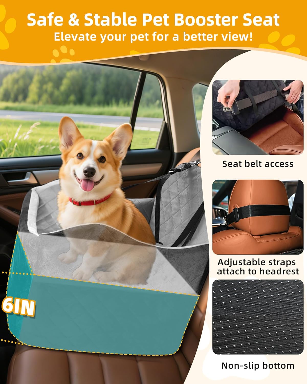 Car Seat Booster for Dog: High-Support Memory Foam Pet Car Seat for Small/Medium Dogs Under 35lbs with Elevated Cushion, Pockets - Detachable Washable Puppy Travel Bed for Driving(Black/Grey) - Pet Explorer