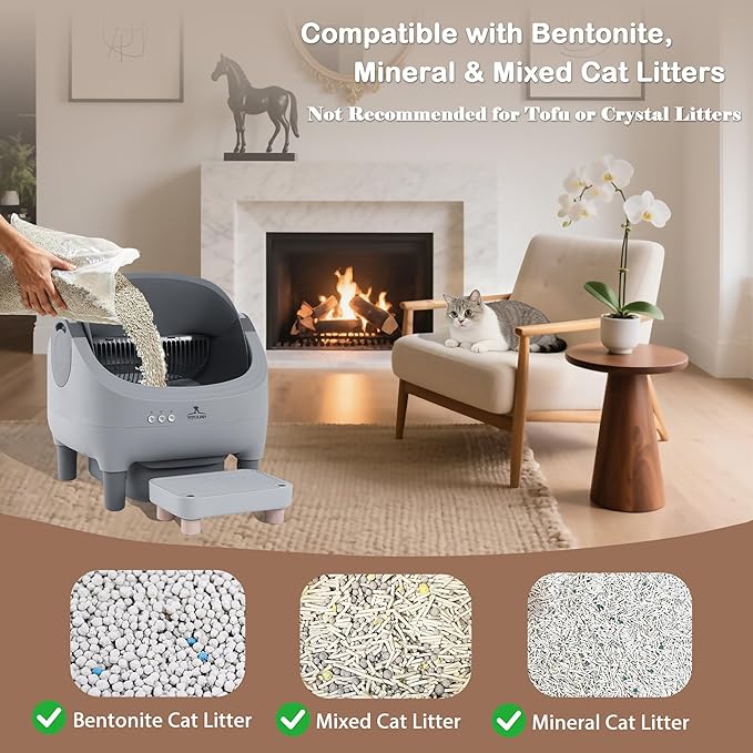 Automatic cat Litter Box with a high Step, Controlled via a Smart app, Featuring Health Data Monitoring and Silent Mode Management, Combining an Open Spacious Design with Fully Automatic Cleaning.