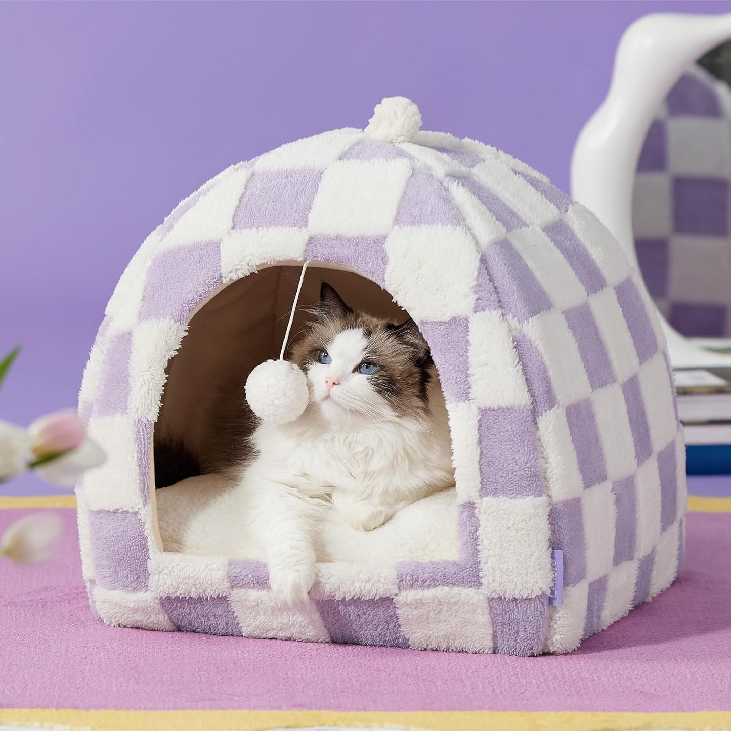 Lesure Cute Cat Beds for Indoor Cats - 2 in 1 Large Cat Cave Bed with Removable Washable Cushioned Pillow, Cozy Kitten with Non-Slip Bottom, Purple, 17.3 inches - Pet Explorer