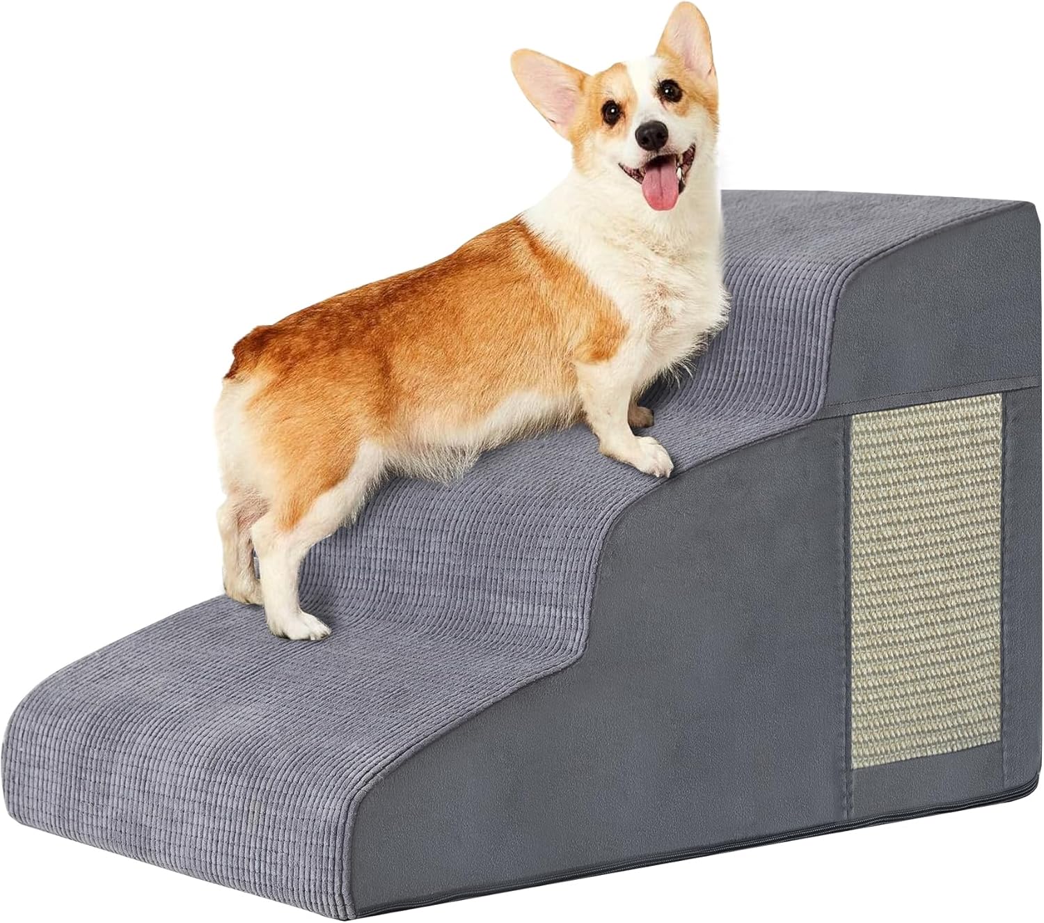 Pet Stairs, Dog Stairs for Small Dogs, Dogs Steps, 3-Step Curved Dog Ramp for Bed, Couch, Sofa, Car and Chairs, Non-Slip Bottom Design, Cat Scratching Board, High Density Foam Portable Pet Step, Grey - Pet Explorer