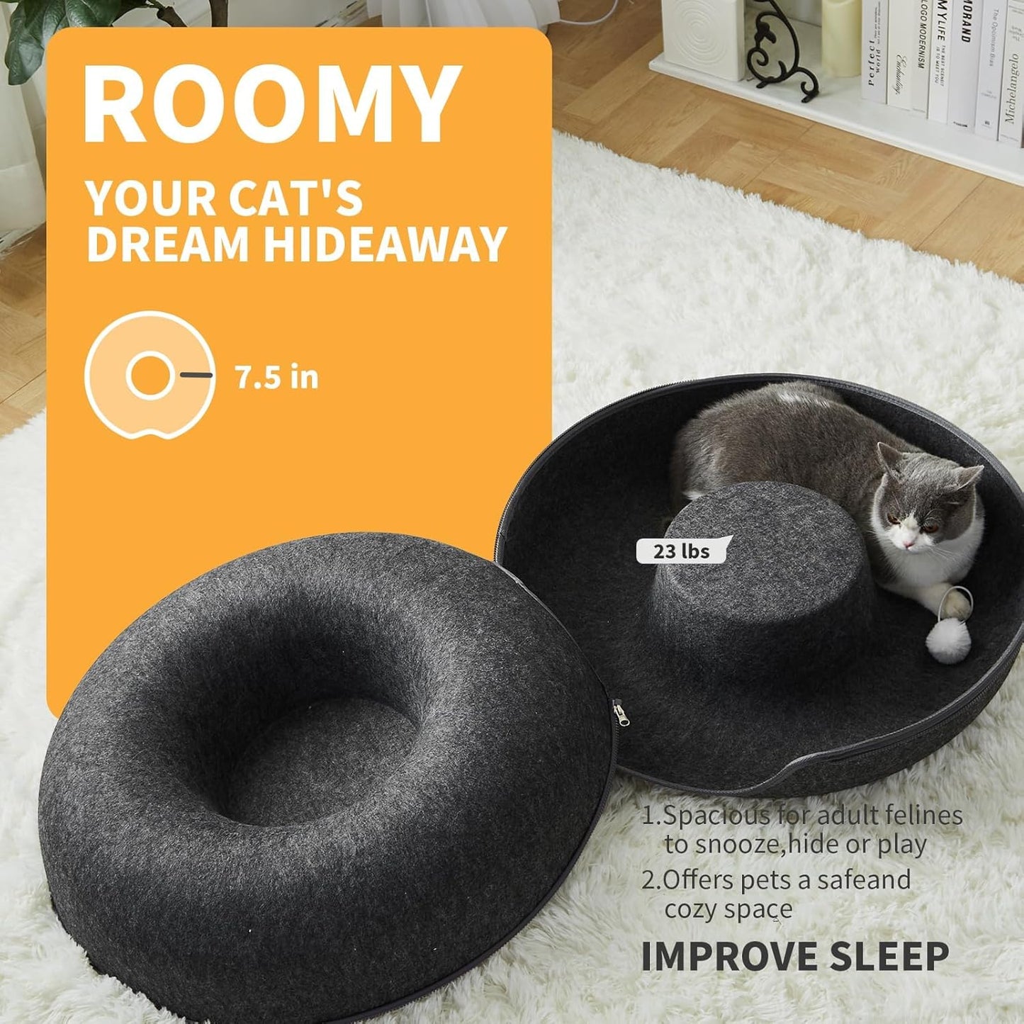 Jia Xi Indoor Cat Hideout, Donut Cat Bed, Universal for All Seasons Cat Condo and Cat Cave (24 in * 24 in * 11 in) Dark Grey - Pet Explorer