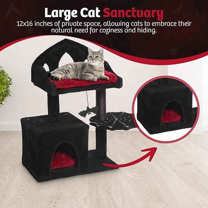 Gothic Cat Tree - 28in Black Cat Condo with Regal Throne Bed, Spooky Hanging Bat and Durable Sisal Scratching Post - Goth Cat Tree for Majestic Rest