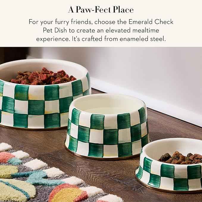 MACKENZIE-CHILDS Enamel Pet Bowl, Cute Cat and Dog Bowl for Food and Water, Medium, Green-and-White Emerald Check