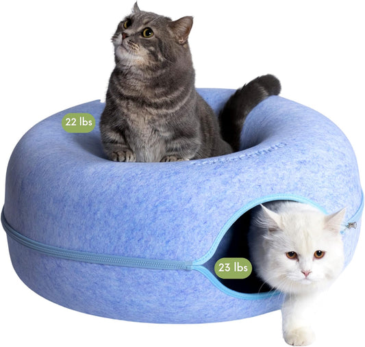 CATTASAURUS Peekaboo Cat Cave for Multiple & Large Cats Up to 30-45 Lbs, Scratch Detachable & Washable Tunnel Bed, Comfy Donut Cat Cave (Blue, Large) - Pet Explorer