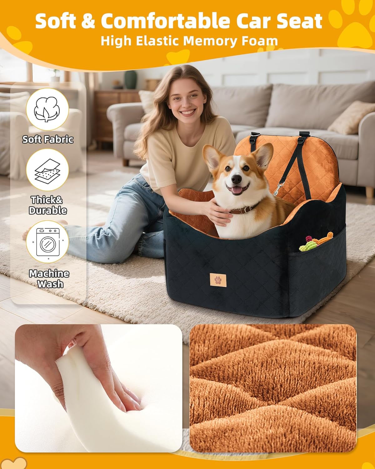 Car Seat Booster for Dog: High-Support Memory Foam Pet Car Seat for Small/Medium Dogs Under 35lbs with Elevated Cushion,Pockets - Detachable Washable Puppy Travel Bed for Driving(Black/Brown) - Pet Explorer