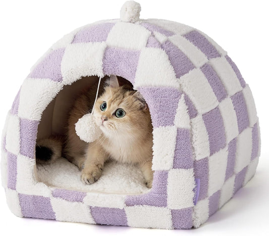 Lesure Cute Cat Beds for Indoor Cats - 2 in 1 Cat Cave Bed for Kittens and Small Pets with Removable Washable Cushioned Pillow, Cozy Kitten with Non-Slip Bottom, Purple, 16 inches - Pet Explorer