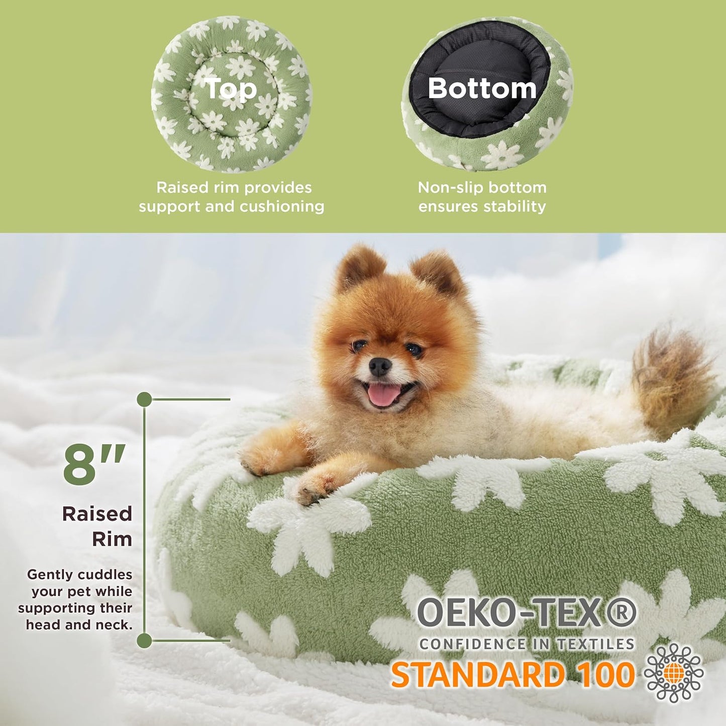 LE SURE Donut Small Dog Bed - Round Cat Beds for Indoor Cats Calming Pet Beds, Cute Modern Beds with Jacquard Shaggy Plush & Anti Slip Bottom, 27 Inch, Green - Pet Explorer