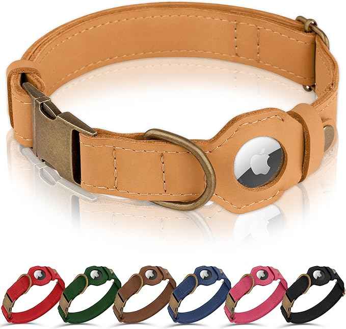 AirTag Dog Collar - Genuine Leather Dog Collar with Apple AirTag Holder and Metal Buckle - Smart GPS Tracking Pet Collars (Light Brown, L, 17"-21" Neck Fit)