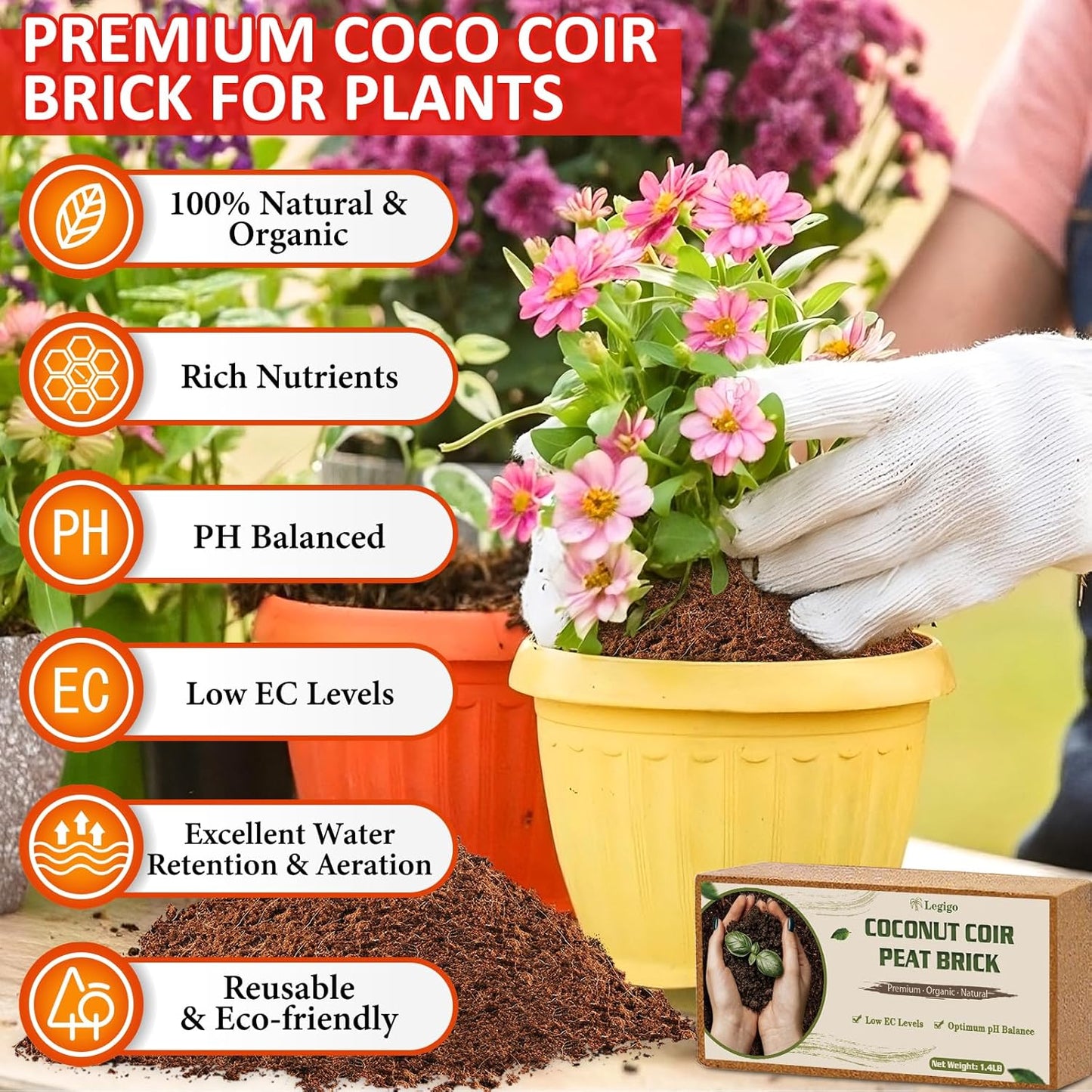 Legigo 8 Pack Coco Coir Bricks (11.2lb), 100% Organic Coconut Coir Fiber Potting Soil for Plants, Compressed Coco Peat Seed Starter, Coconut Husk Potting Mix for Indoor & Outdoor Plants, Gardening - Pet Explorer