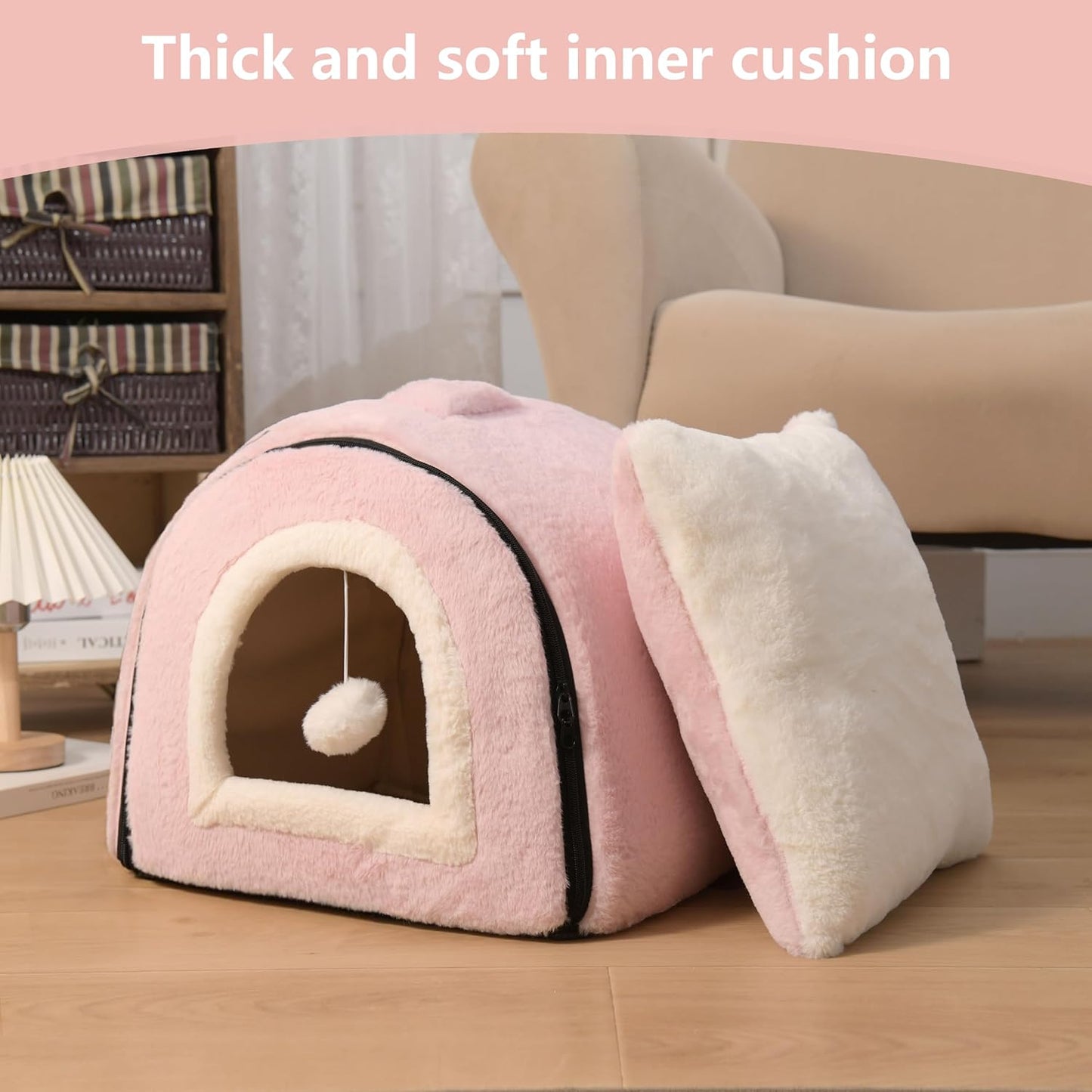 Cat Bed for Indoor Cats，Foldable cat cave，Anti-Slip & Water-Resistant Bottom，cat Houses for Indoor Cats or Small Dogs, Kitten Tent, Rabbit Bed，2 in 1 pet Bed (Pink) - Pet Explorer