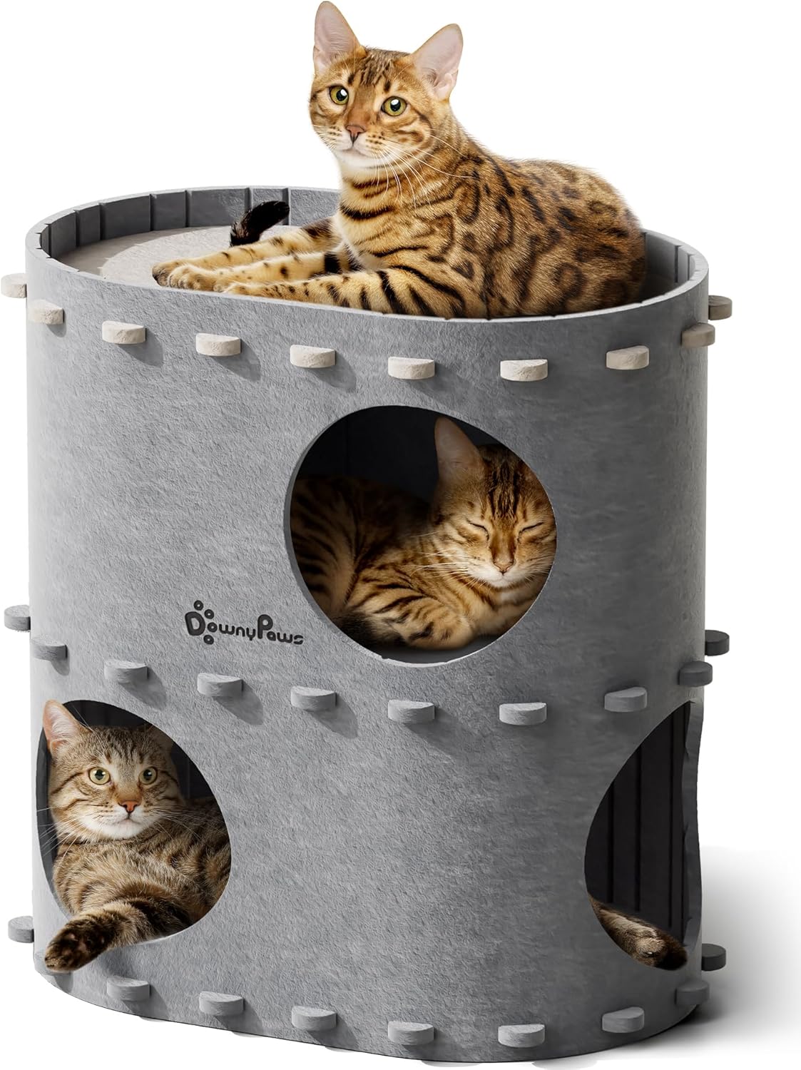 DownyPaws Cat House for Indoor Cats, 2-Storey Foldable Cat Bed Cave, Felt Cats Tunnel Bed Condo, Castle Kitten Cube Hideaway for Multicats, Scratch Resistant, Light Gray - Pet Explorer