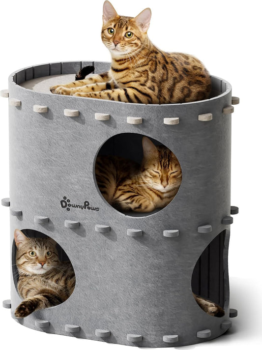 DownyPaws Cat House for Indoor Cats, 2-Storey Foldable Cat Bed Cave, Felt Cats Tunnel Bed Condo, Castle Kitten Cube Hideaway for Multicats, Scratch Resistant, Light Gray - Pet Explorer