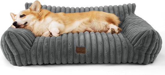 Bedsure Cute Dog Couch for Pets - Fluffy Dog Sofa with Premium Soft Corduroy Fleece, Small Dogs Couch Bed with Washable Cover, Supportive Pet Sofa Bed for Medium Large Dogs, 36inch, Warm Grey - Pet Explorer