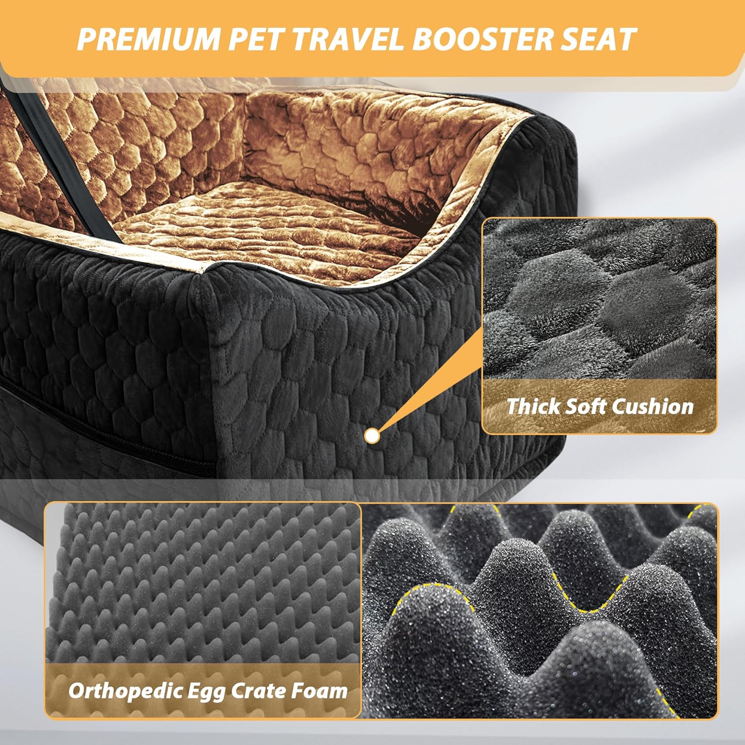 Dog Car Seat for Small/Medium Dogs, Memory Foam Dog Booster Seat, Travel Safety Per Car Seat with Washable Removable Cover, Storage Pockets for Dogs up to 35 lbs(BlackBrown) - Pet Explorer