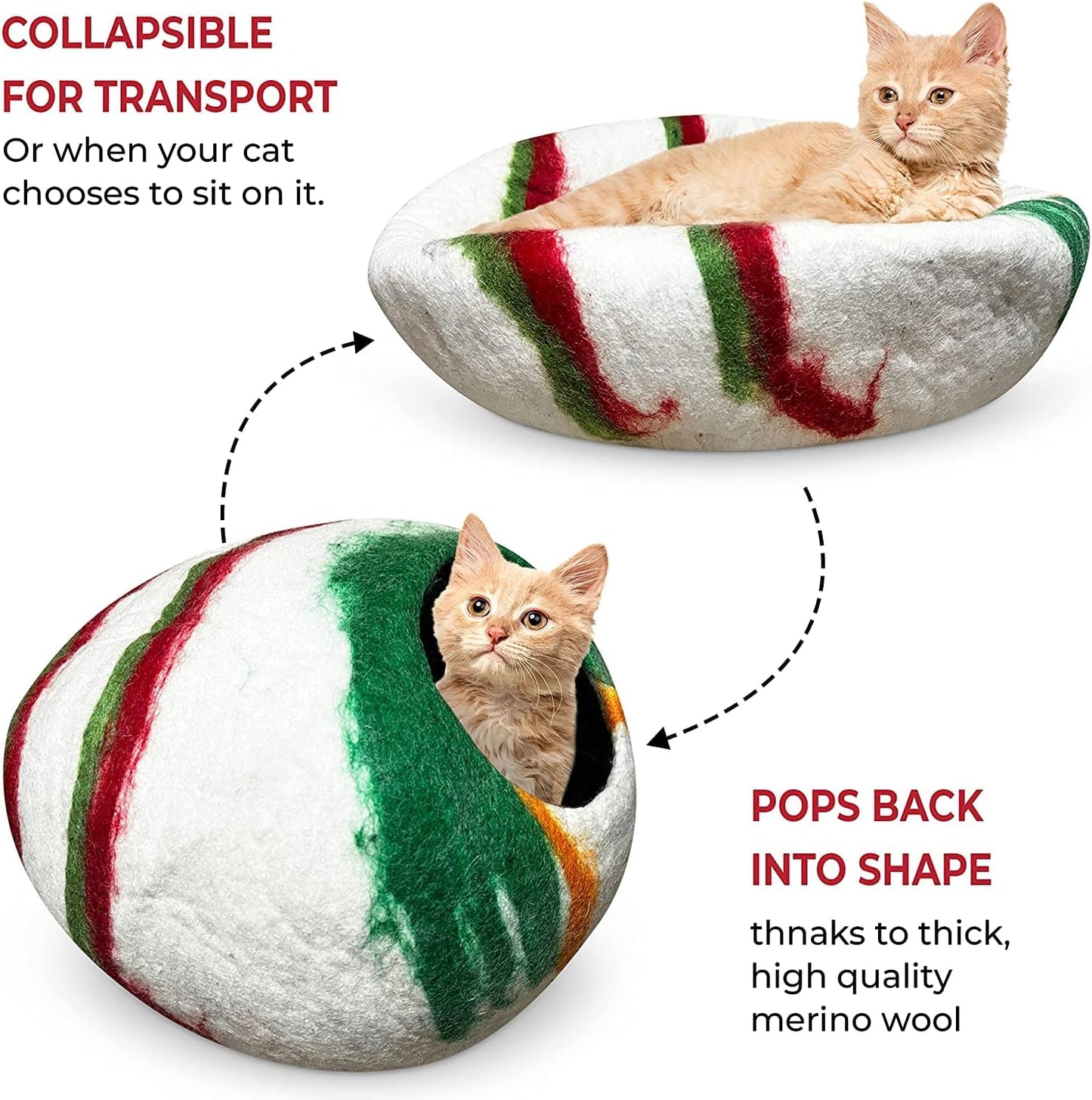 Woolygon Premium Felt Cat Cave Bed – Wool Kitty Beds Handcrafted Kitten Caves Bed for Indoor Cats - Made from 100% Eco-Friendly Merino Wool, Foldable Cat Hidewawy Covered Cat House Pod (Candy Swirl) - Pet Explorer