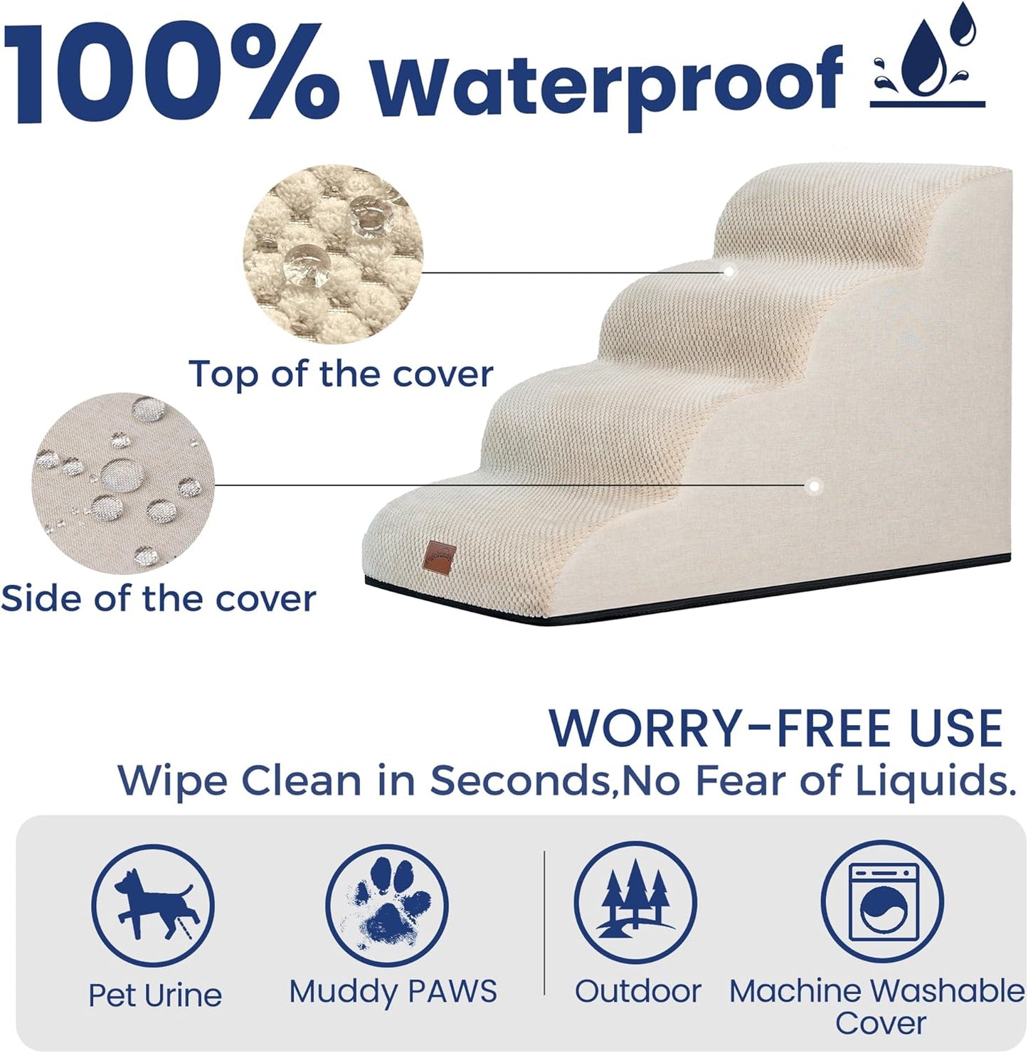 GoGoBunny Waterproof High Density Foam Curved Dog Stairs for High Beds Couches 19.7" H, 4-Step Ramp Dog Steps Friendly to Small Medium Dogs or Pets Joints, Non-Slip Balanced Durable Pet Step, Beige - Pet Explorer