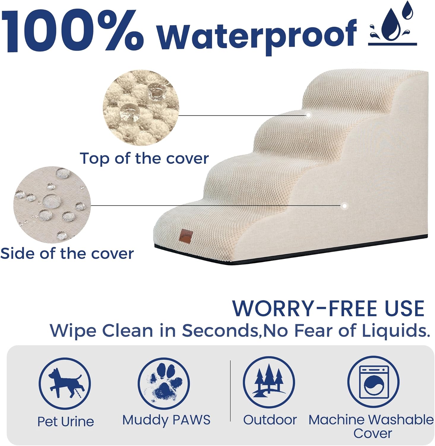 GoGoBunny Waterproof High Density Foam Curved Dog Stairs for High Beds Couches 19.7" H, 4-Step Ramp Dog Steps Friendly to Small Medium Dogs or Pets Joints, Non-Slip Balanced Durable Pet Step, Beige - Pet Explorer