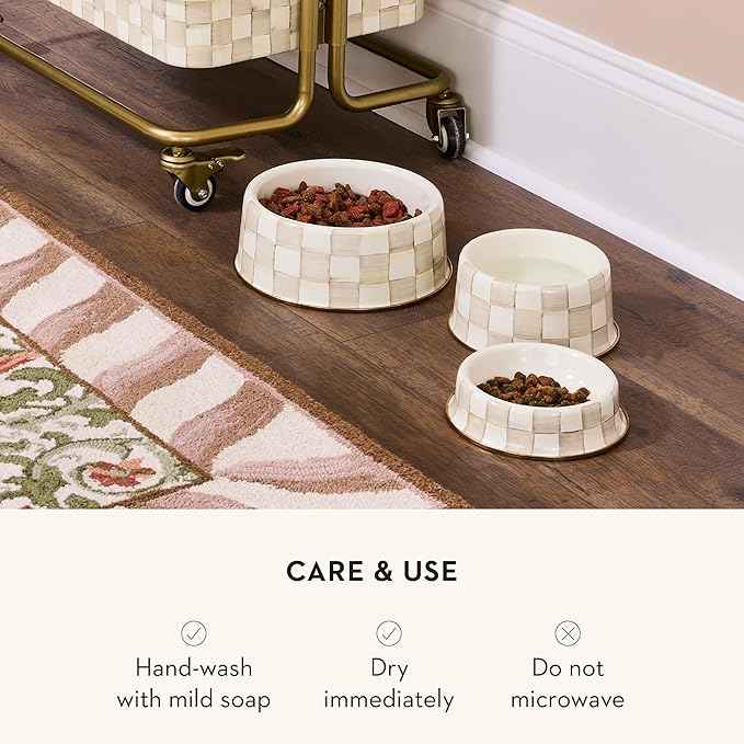 MACKENZIE-CHILDS Enamel Pet Bowl, Cute Cat and Dog Bowl for Food and Water, Medium, Brown-and-White Mocha Check