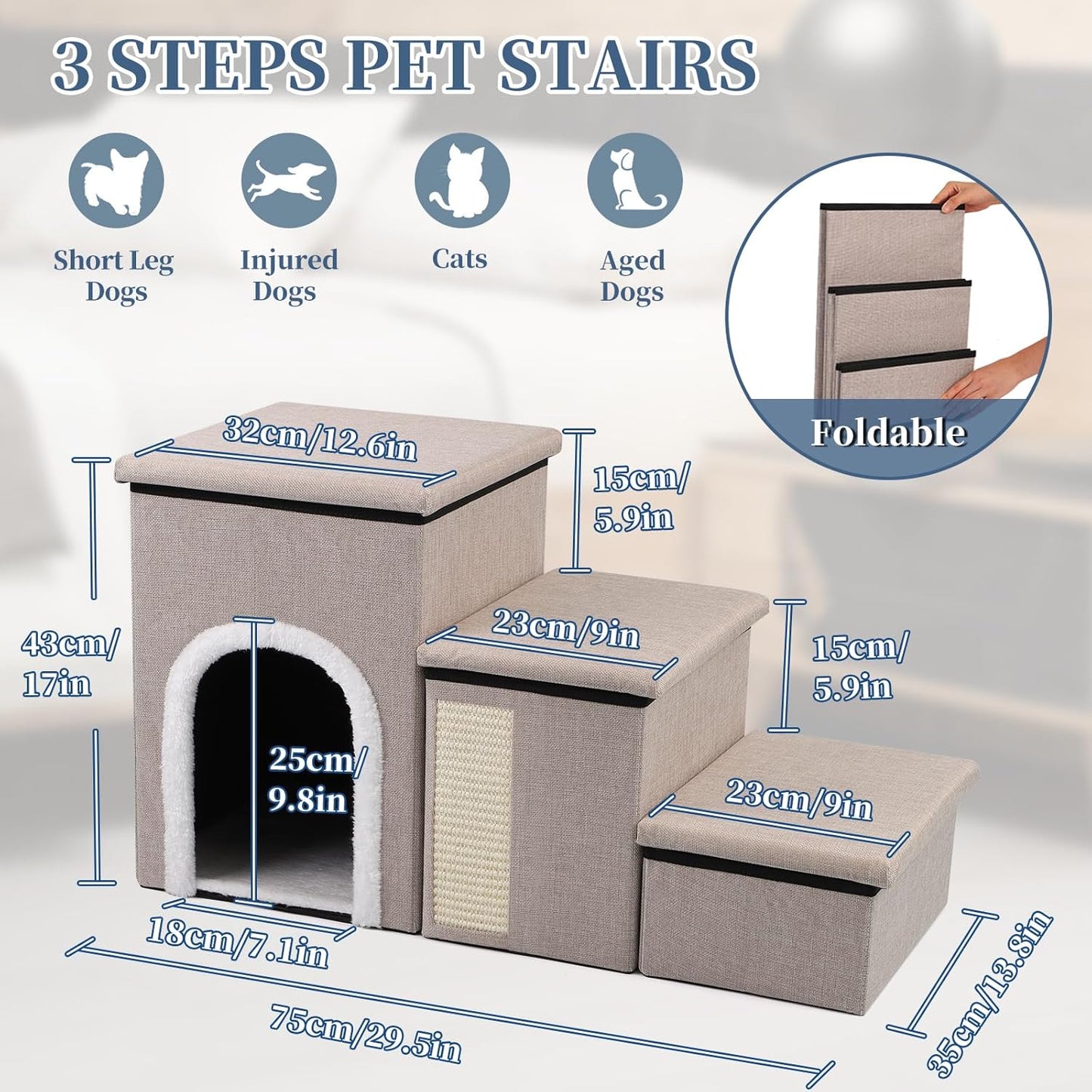Dog Steps for Bed and Couch, 17”H Foldable Dog Stairs for Small Older Dogs Cats, Adjustable Pet Cat Stairs Ramps with Storage with Condo, Scratcher, Hold Up to 180LBS, Pet Cat Steps Beige - Pet Explorer