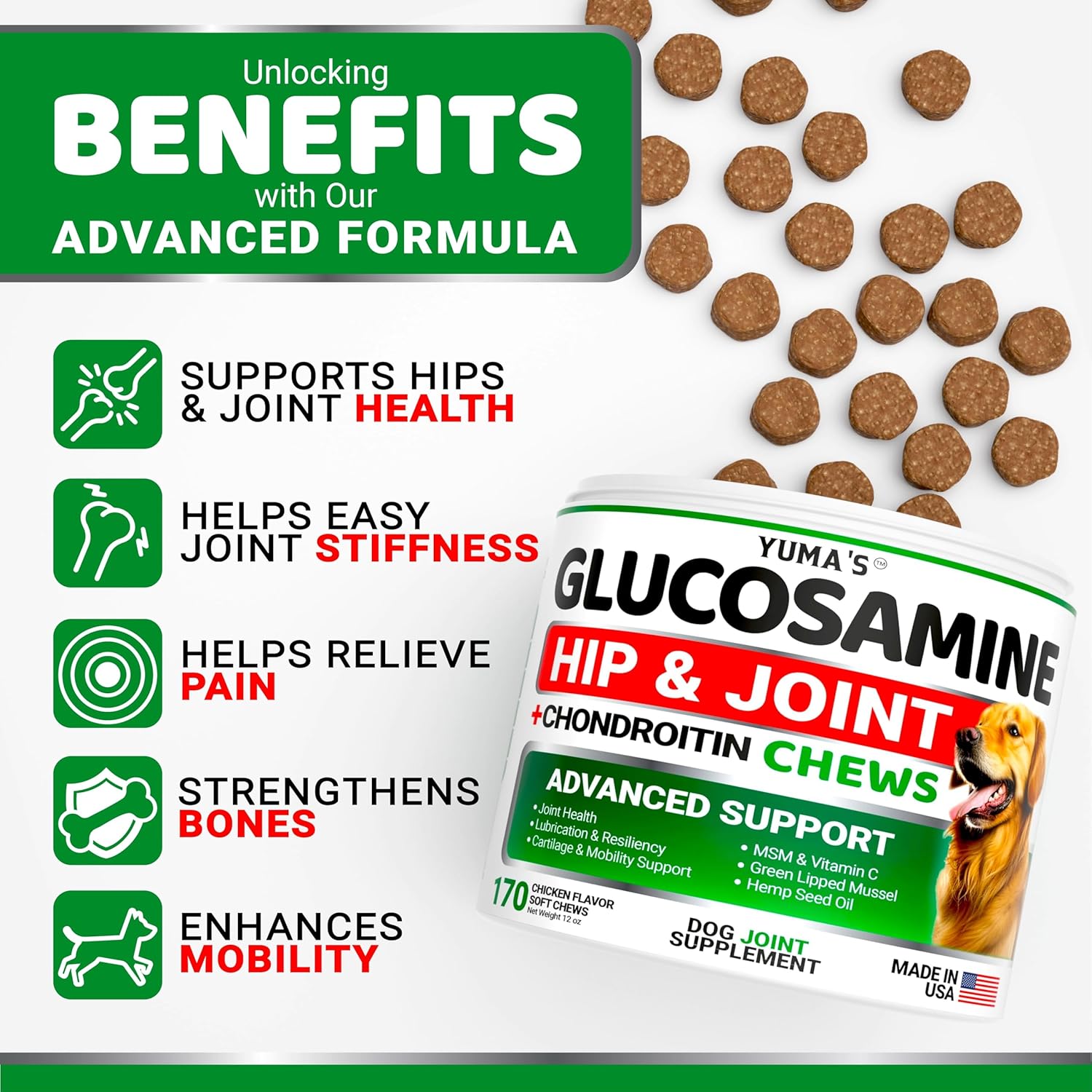 YUMA'S Glucosamine for Dogs - Hip and Joint Supplement for Dogs - 170 Ct - Glucosamine Chondroitin Chews - Joint Pain Relief Supplement with MSM - Advanced Health - Mobility Support - Made in USA - Pet Explorer