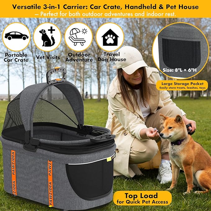 PAWZIDEA Portable Small Dog Crate for Car Travel, Enclosed Pet Car Seat for Small/Medium Dogs & Cats up 33 lb, Reversible No-Zip Canopy, Soft-Sided Pet Carrier Basket, Foldable Dog Kennel, Metal Frame